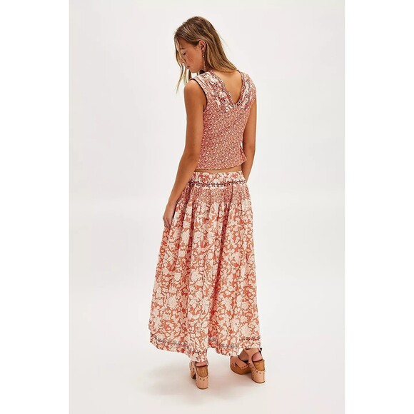 Free People Gesibelle Printed Midi Skirt Eyelet Embroidered Cotton L New 280384 - Picture 3 of 8